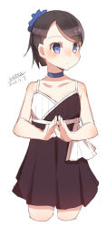Rule 34 | 1girl, bare arms, bare shoulders, blue choker, blush, brown dress, brown hair, choker, closed mouth, collarbone, cropped legs, dated, dress, looking away, looking to the side, maze (gochama ze gohan), original, pleated dress, short hair, signature, simple background, sketch, sleeveless, sleeveless dress, solo, standing, swept bangs, white background