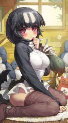 Rule 34 | 1girl, absurdres, between legs, bird tail, black hair, blush, boots, breasts, day, great auk (kemono friends), hand between legs, hand on own chin, hand up, head wings, highres, indoors, kemono friends, large breasts, long sleeves, looking at viewer, medium breasts, melaton, multicolored hair, purple eyes, sitting, solo, stuffed toy, tail, thigh boots, thighhighs, wariza, window, wings