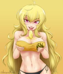 Rule 34 | 1girl, between breasts, bikini, blonde hair, grabbing another&#039;s breast, breasts, cleavage, cslucaris, curvy, female focus, food, grabbing, ice cream, large breasts, looking at viewer, muscular, naughty face, navel, rwby, sexually suggestive, shiny skin, solo, sweat, swimsuit, tongue, tongue out, yang xiao long