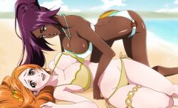 Rule 34 | 2girls, bikini, bleach, breasts, cleavage, highres, inoue orihime, large breasts, long hair, multiple girls, open mouth, orange hair, ponytail, purple hair, shihouin yoruichi, swimsuit, traced