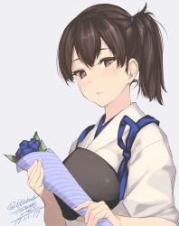 Rule 34 | 1girl, artist name, blue flower, brown eyes, brown hair, dated, flower, grey background, hair between eyes, japanese clothes, kaga (kancolle), kantai collection, long hair, muneate, open mouth, rokuwata tomoe, side ponytail, simple background, solo, tasuki, twitter username
