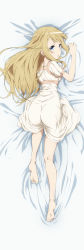 Rule 34 | 1girl, absurdres, all fours, ass, bare legs, barefoot, bed sheet, beige dress, blonde hair, blue eyes, breasts, dakimakura (medium), dress, feet, from above, from behind, full body, highres, long hair, looking at viewer, looking back, official art, parted lips, princess (princess principal), princess principal, sheet grab, small breasts, soles, solo, toes, top-down bottom-up, very long hair