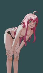 Rule 34 | 1girl, absurdres, ahoge, bent over, blue eyes, breasts, commission, commissioner upload, dies irae, highres, looking at viewer, nipples, panties, pink hair, rmilart, rusalka schwagerin, shinza bansho series, simple background, small breasts, solo, solo focus, standing, topless, underwear