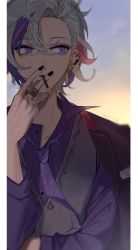 Rule 34 | 0415yuirita, 1boy, bad hands, black nails, blurry, blurry background, collared shirt, dated, ear piercing, earrings, food, fuwa minato, grey hair, hand up, highres, jacket, jacket on shoulders, jewelry, male focus, multicolored hair, nail polish, necktie, nijisanji, piercing, pocky, purple necktie, purple shirt, ring, shirt, solo, upper body, vest, virtual youtuber
