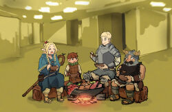 Rule 34 | 1girl, 3boys, armor, backrooms (creepypasta), beard, blonde hair, blue capelet, blue robe, bowl, braid, brown hair, campfire, capelet, chilchuck tims, cooking, dungeon meshi, eating, elf, facial hair, fake horns, full body, green scarf, helmet, holding, holding bowl, holding spoon, horned helmet, horns, indoors, laios touden, leather armor, long beard, long hair, looking at another, marcille donato, multiple boys, plate armor, pointy ears, robe, sandals, scarf, senshi (dungeon meshi), short hair, sitting, sketch, smile, spoon, tenten (chan4545), thick beard, very long beard