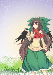 Rule 34 | 1girl, alternate costume, bad id, bad pixiv id, bow, breasts, brown hair, female focus, hair bow, inu3, long hair, looking up, medium breasts, multicolored eyes, open mouth, red eyes, red scarf, reiuji utsuho, scarf, skirt, snow, snowflakes, solo, sweater, third eye, touhou, very long hair, wings, yellow eyes