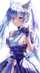 Rule 34 | 1girl, bare shoulders, blue hair, bodysuit, breasts, clenched hand, closed mouth, cone hair bun, cowboy shot, detached sleeves, diamond-shaped pupils, diamond (shape), double bun, flower, genshin impact, gloves, hair between eyes, hair bun, hair flower, hair ornament, hand up, highres, japanese clothes, keqing (genshin impact), long hair, medium breasts, messy hair, multicolored bodysuit, multicolored clothes, purple eyes, purple gloves, short sleeves, sideboob, sidelocks, solo, standing, symbol-shaped pupils, tassel, twintails, uenoryoma, white background