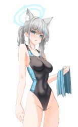 Rule 34 | 1girl, absurdres, animal ear fluff, animal ears, black one-piece swimsuit, blue archive, blue eyes, blue towel, breasts, competition swimsuit, covered navel, cowboy shot, cross hair ornament, extra ears, grey hair, hair ornament, halo, highleg, highleg swimsuit, highres, low ponytail, medium breasts, medium hair, mismatched pupils, multicolored clothes, multicolored swimsuit, official alternate costume, one-piece swimsuit, shiroko (blue archive), shiroko (swimsuit) (blue archive), simple background, solo, standing, swimsuit, theory (oortcloud1111), towel, white background, wolf ears
