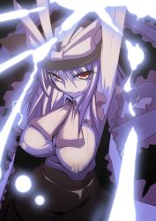Rule 34 | 1girl, arm up, bow, breasts, covered erect nipples, female focus, from above, glowing, hat, hat bow, impossible clothes, large breasts, lightning, looking at viewer, looking up, mae (nahabaru), nagae iku, purple hair, purple theme, red eyes, shawl, short hair, smile, solo, touhou