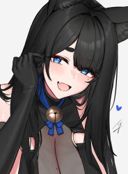 Rule 34 | 1girl, animal ears, bare shoulders, bell, black dress, black gloves, black hair, blue eyes, blush, breasts, dress, elbow gloves, fox ears, gloves, hayabusa (vert 320), highres, jingle bell, large breasts, long hair, looking at viewer, open mouth, original, smile, solo