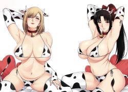 Rule 34 | 2girls, animal print, arm behind head, arm up, arms behind head, arms up, bell, belly, bikini, black eyes, black hair, blonde hair, blue eyes, bow, breasts, closed mouth, collar, cow print, cowbell, curvy, cushion, earrings, groin, hair bow, high ponytail, highres, hoop earrings, jewelry, large breasts, long hair, looking at viewer, medium hair, mole, mole under eye, mole under mouth, multiple girls, navel, neck bell, original, print sleeves, red bow, red collar, red lips, sitting, skindentation, stomach, swimsuit, thighhighs, thighs, xter