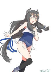 Rule 34 | 1girl, absurdres, black hair, blue one-piece swimsuit, crop top, feet out of frame, green eyes, grey neckerchief, hair ribbon, headgear, highres, i-47 (kancolle), kantai collection, long hair, low-tied long hair, neckerchief, one-hour drawing challenge, one-piece swimsuit, over-kneehighs, ribbon, robinson (day l full), sailor collar, sailor shirt, school swimsuit, see-through, see-through skirt, shirt, sidelocks, simple background, skirt, sleeveless, sleeveless shirt, solo, swimsuit, thighhighs, tress ribbon, white background, white sailor collar