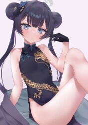 Rule 34 | 1girl, absurdres, bare shoulders, black dress, black gloves, black hair, blue archive, blush, butterfly hair ornament, china dress, chinese clothes, clothes down, commentary request, crossed legs, double bun, dragon print, dress, flat chest, gloves, grey eyes, hair bun, hair ornament, halo, highres, isanatori, kisaki (blue archive), long hair, looking at viewer, side slit, simple background, sitting, sleeveless, sleeveless dress, solo, sweat, twintails