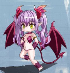 Rule 34 | 00s, 1girl, animated, animated gif, bare legs, bare shoulders, bat wings, bikini, bouncing breasts, breasts, bridal gauntlets, chibi, curvy, demon girl, female focus, full body, hamstring, happy, lilim (taimanin asagi battle arena), lilith-soft, long hair, lowres, pointy ears, smile, solo, demon girl, swimsuit, tail, taimanin (series), taimanin asagi, taimanin rpgx, thong, twintails, wings