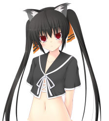 Rule 34 | 1girl, :&lt;, animal ears, arms behind back, bad id, bad pixiv id, black hair, blush, cat ears, cat girl, female focus, flat chest, hair ornament, hair ribbon, hyon, kooh, long hair, midriff, navel, pangya, red eyes, ribbon, short sleeves, simple background, solo, twintails, white background