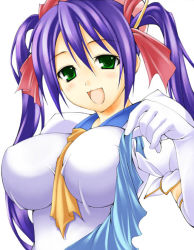 Rule 34 | 1girl, :3, :d, between breasts, blue sailor collar, blush, breast press, breasts, cave (developer), elbow gloves, gloves, green eyes, hair between eyes, hair ribbon, headdress, impossible clothes, impossible shirt, large breasts, long hair, looking at viewer, mushihime-sama, necktie, open mouth, purple hair, reco, ribbon, ribucci, sailor collar, school uniform, serafuku, shirt, simple background, smile, solo, twintails, upper body, very long hair, white background, white gloves