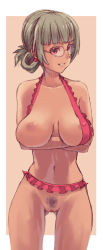 Rule 34 | 1girl, bad id, bad pixiv id, bare shoulders, borrowed character, breast hold, breast slip, breasts, censored, crossed arms, earrings, female pubic hair, glasses, grey hair, grin, jewelry, large breasts, mature female, navel, nipple slip, nipples, one breast out, original, potepote, pubic hair, red eyes, smile, solo, tan
