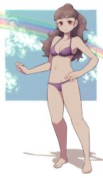 Rule 34 | 1girl, bare arms, bare legs, barefoot, bikini, blunt bangs, breasts, bright pupils, brown hair, closed mouth, frown, hand on own hip, highres, idolmaster, idolmaster cinderella girls, kamiya nao, lamb-oic029, looking at viewer, medium breasts, navel, ponytail, purple bikini, rainbow, red eyes, solo, stomach, swimsuit, white pupils