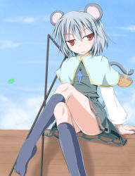Rule 34 | 1girl, animal ears, basket, black socks, blouse, capelet, crossed legs, crossover, female focus, grey hair, half-closed eyes, holding, holding with tail, jewelry, kirino souya, kneehighs, legs, mouse (animal), mouse ears, mouse tail, nazrin, necklace, outdoors, pendant, prehensile tail, red eyes, shirt, short hair, sitting, sky, socks, solo, souya, tail, touhou, ufo, white shirt