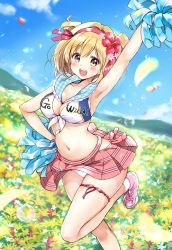 Rule 34 | 1girl, :d, akina tsukako, arm up, armpits, blonde hair, blue sky, blush, bob cut, breasts, brown eyes, cheerleader, cleavage, clothes writing, cloud, collarbone, crop top, day, djeeta (granblue fantasy), field, flower, flower field, granblue fantasy, hairband, hand on own hip, hibiscus, large breasts, looking at viewer, midriff, miniskirt, mountainous horizon, navel, open mouth, outdoors, panties, pantyshot, pink footwear, pink hairband, pink skirt, pleated skirt, pom pom (cheerleading), red flower, shoes, short hair, skindentation, skirt, sky, sleeveless, smile, sneakers, socks, solo, standing, stomach, sweat, teeth, thigh strap, two side up, underwear, upper teeth only, white panties, white socks