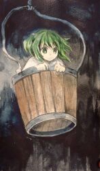 Rule 34 | 1girl, bucket, closed mouth, commentary request, green eyes, green hair, highres, in bucket, in container, japanese clothes, kaigen 1025, kimono, kisume, medium hair, painting (medium), pale skin, short twintails, solo, touhou, traditional media, twintails, watercolor (medium), white kimono, wooden bucket