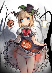 Rule 34 | 1girl, :o, absurdres, bad id, bad pixiv id, black dress, blonde hair, blue eyes, bow, branch, clothes lift, dress, dress lift, frilled dress, frills, halloween, hat, head tilt, highres, horns, jack-o&#039;-lantern, lantern, lifting own clothes, looking at viewer, mini hat, mini top hat, original, panties, puffy short sleeves, puffy sleeves, pumpkin, red bow, short sleeves, small rabbit, solo, top hat, underwear, white panties