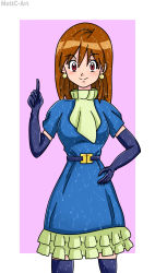 Rule 34 | 1girl, absurdres, blue dress, breasts, brown hair, dragon ball, dragon ball super, dress, earrings, grin, highres, index finger raised, jewelry, looking at viewer, pantyhose, purple eyes, sanka ku, smile, solo, standing, wet