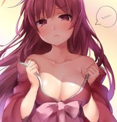 Rule 34 | 10s, 1girl, bare shoulders, blunt bangs, blush, bow, breasts, chiyingzai, cleavage, closed mouth, collarbone, frown, gradient background, japanese clothes, kamikaze (kancolle), kantai collection, kimono, lips, long hair, long sleeves, looking at viewer, medium breasts, no bra, off shoulder, open clothes, open kimono, pink bow, purple eyes, purple hair, red kimono, sketch, solo, speech bubble, spoken blush, undressing, upper body, very long hair, yellow background
