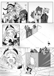 Rule 34 | 6+girls, absinthe (arknights), animal ears, antlers, arknights, bird, breasts, comic, creator connection, crying, earrings, feather hair, firewatch (arknights), flint (arknights), greyscale, heavyrain (arknights), highres, horns, irene (arknights), iwashi 80, jewelry, medium breasts, monochrome, multiple girls, pallas (arknights), robin (arknights), running, silent comic, single earring, sitting, standing, tripping, tuye (arknights)