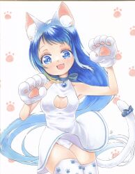 Rule 34 | animal ears, animal hands, blue eyes, blue hair, breasts, cat cutout, cat ears, cat paw, cat tail, cleavage cutout, clothing cutout, dress, gloves, highres, kantai collection, long hair, panties, pantyshot, paw gloves, paw print, paw print background, samidare (kancolle), small breasts, tail, thighhighs, traditional media, underwear, very long hair, white dress, white panties, white thighhighs, yuuki chima