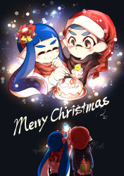 Rule 34 | 1boy, 1girl, absurdres, arms up, artist name, bell, black scarf, blue hair, blue sweater, blunt bangs, blush, bow, breath, brown eyes, cellphone, closed eyes, closed mouth, commentary request, couple, dessert, emblem, english text, feeding, food, gift, hair bow, hair ornament, hat, hetero, highres, holding, holding behind back, holding gift, holding phone, inkling, inkling boy, inkling girl, inkling player character, light particles, long hair, looking at another, maimo, mask, merry christmas, night, nintendo, partial commentary, phone, plaid, plaid scarf, pointy ears, red bow, red headwear, red scarf, santa hat, saucer, scarf, side-by-side, signature, smartphone, smile, squid, sweater, taking picture, tentacle hair, white sweater