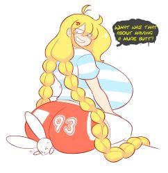 Rule 34 | 1girl, ass, between buttocks, blonde hair, braid, breasts, cassie (theycallhimcake), curvy, gigantic breasts, gym shorts, highres, huge ass, original, rabbit, shirt, shorts, simple background, sitting, solo, striped clothes, striped shirt, theycallhimcake, thighhighs, twin braids, wide hips