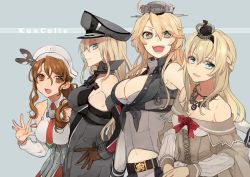 Rule 34 | 10s, 4girls, :d, aqua eyes, bare shoulders, belt, bismarck (kancolle), blonde hair, blue eyes, breasts, brown eyes, brown gloves, cleavage, crown, detached sleeves, gloves, hand on own hip, hat, headgear, hita (hitapita), iowa (kancolle), jewelry, kantai collection, large breasts, littorio (kancolle), long hair, looking at viewer, military hat, multiple girls, navel, necklace, open mouth, smile, star-shaped pupils, star (symbol), symbol-shaped pupils, teeth, warspite (kancolle)