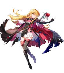 Rule 34 | 1girl, armor, black footwear, black gloves, blonde hair, boots, breasts, brown eyes, cape, cleavage cutout, closed mouth, clothing cutout, elbow gloves, fire emblem, fire emblem: genealogy of the holy war, fire emblem heroes, full body, gloves, gradient clothes, highres, holding, lachesis (fire emblem), long hair, looking away, medium breasts, nintendo, non-web source, official alternate costume, official art, satoupote, shoulder armor, solo, staff, sword, thigh boots, thighhighs, torn cape, torn clothes, transparent background, weapon, zettai ryouiki