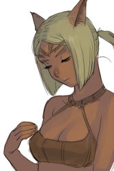 Rule 34 | 1girl, animal ears, bare shoulders, blonde hair, blue eyes, breasts, cat ears, cleavage, closed mouth, dark-skinned female, dark skin, final fantasy, final fantasy xi, halterneck, hand up, looking down, medium breasts, mithra (ff11), no eyebrows, parted bangs, short hair, simple background, solo, upper body, white background, yuccoshi