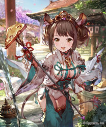 Rule 34 | 10s, 1girl, 77gl, :d, animal ears, bell, black gloves, black thighhighs, blush, breasts, brown eyes, brown hair, cheese, cherry blossoms, cleavage, commentary request, day, food, fork, gloves, half gloves, incense, incense burner, japanese clothes, jingle bell, lantern, large breasts, long hair, looking at viewer, mouse (animal), mouse ears, mouse tail, obi, open mouth, outdoors, petals, ribbon, sash, shingeki no bahamut, short shorts, shorts, shrine, smile, solo, stairs, tail, tail bell, tail ornament, tail ribbon, thighhighs, torii, water