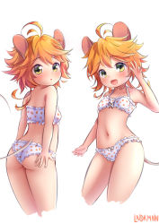 Rule 34 | 1girl, absurdres, ahoge, animal ears, ass, bikini, blonde hair, blush, breasts, emma (yakusoku no neverland), green eyes, highres, lndrmnn, mouse ears, mouse girl, mouse tail, multiple views, navel, neck tattoo, number tattoo, open mouth, polka dot, polka dot bikini, short hair, simple background, small breasts, smile, swimsuit, tail, tattoo, thighs, turnaround, white background, white bikini, yakusoku no neverland
