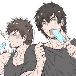 Rule 34 | 2boys, adventurer (ff14), ardbert hylfyst, bara, beard, black hair, black tank top, brain freeze, brown hair, closed eyes, clothes lift, clothes pull, facial hair, final fantasy, final fantasy xiv, food, hair between eyes, ice cream, licking, looking at viewer, male focus, manly, melting, multiple boys, muscular, one eye closed, open mouth, pectorals, revealing clothes, shirt lift, shirt pull, stubble, sweat, tank top, upper body, warrior of light (ff1), warrior of light (ff14), white background, yaoi, zanki