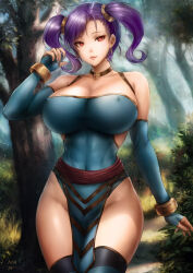 1girl abs arai29 bare_hips bare_shoulders breasts cleavage commission covered_erect_nipples covered_navel groin highres large_breasts leotard nature original pelvic_curtain purple_hair red_eyes tagme thick_thighs thighhighs thighs tsurime twintails