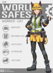 Rule 34 | 1girl, absurdres, animal ears, artist name, black footwear, black gloves, black jacket, black pantyhose, brown hair, cat ears, english text, fingerless gloves, gar32, gloves, goggles, hammer, hand on own hip, hard hat, helmet, high-visibility vest, highres, jacket, looking at viewer, open mouth, original, pantyhose, short hair, shorts, solo, thumbs up, unworn goggles, yellow eyes, yellow shorts