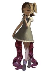 Rule 34 | 1girl, blush, brown hair, closed eyes, dress, finger to mouth, full body, grey dress, oreoppi, original, short hair, shushing, simple background, sketch, smile, solo, tentacles, two side up, white background