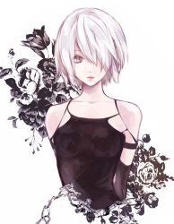 Rule 34 | 1girl, arms behind back, bare shoulders, black gloves, breasts, collarbone, elbow gloves, floral background, gloves, grey eyes, hair over eyes, lips, looking at viewer, nier (series), nier:automata, sakai sei, short hair, silver hair, small breasts, solo, spoilers, thighhighs, upper body, a2 (nier:automata)