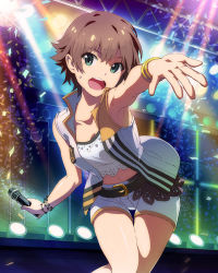 Rule 34 | 10s, 1girl, bracelet, brown hair, confetti, green eyes, jewelry, leaning forward, microphone, official art, open mouth, outstretched arm, sakurai chiaki, short hair, shorts, solo, stage, stage lights, sweatdrop, thigh gap, vest, wake up girls!, wake up girls! stage no tenshi