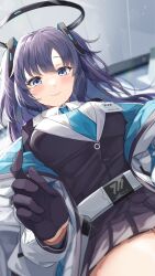 Rule 34 | 1girl, belt, blue archive, blue eyes, blue necktie, blush, breasts, closed mouth, collared shirt, commentary request, formal, gloves, hair between eyes, half gloves, halo, highres, id card, igayan, indoors, jacket, lap pillow, long hair, long sleeves, looking at viewer, medium breasts, miniskirt, multicolored clothes, multicolored jacket, necktie, off shoulder, open clothes, open jacket, parted bangs, pleated skirt, pov, purple hair, shirt, sidelocks, sitting, skirt, smile, solo, suit, two-sided fabric, two-sided jacket, two-tone jacket, two side up, white belt, white jacket, white shirt, yuuka (blue archive)