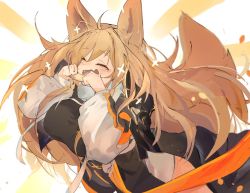 Rule 34 | 1girl, ahoge, animal ears, arknights, black coat, black dress, blush, breasts, brown hair, ceobe (arknights), coat, commentary, cowboy shot, dog ears, dress, eating, closed eyes, fang, food, holding, holding food, large breasts, long hair, long sleeves, mikozin, open mouth, simple background, skin fang, smile, solo, solo focus, symbol-only commentary, white background, wide sleeves