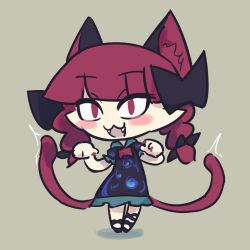 Rule 34 | 1girl, animal ears, black bow, black footwear, blush, bow, braid, cat ears, cat girl, cat tail, collared dress, dress, fangs, frilled dress, frills, hair bow, hands up, kaenbyou rin, multiple tails, puffy sleeves, red bow, red eyes, red hair, shin16, short sleeves, simple background, tail, touhou, twin braids, two tails