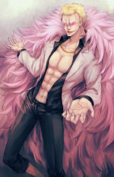 Rule 34 | 1boy, abs, absurdres, black pants, black shirt, blonde hair, cheese neko3, coat, donquixote doflamingo, feather coat, highres, jacket, jewelry, long sleeves, male focus, muscular, muscular male, necklace, one piece, open clothes, pants, pectorals, pink coat, shirt, short hair, solo, sunglasses, tongue, tongue out, white jacket