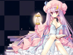 Rule 34 | 1girl, book, bow, breasts, checkered background, choker, cleavage, crescent, crescent moon, female focus, hair bow, hat, holding, jitome, lantern, large breasts, long hair, miyasu risa, moon, open book, patchouli knowledge, purple eyes, purple hair, ribbon, ribbon choker, sitting, solo, striped, touhou
