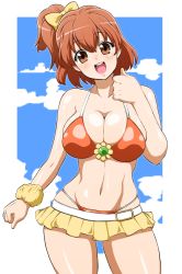 Rule 34 | 00s, 1girl, bare shoulders, belt, bikini, bow, breasts, brown eyes, brown hair, cleavage, fresh precure!, groin, hair bow, hokuto (tokuho), large breasts, navel, open mouth, precure, side ponytail, skirt, solo, swimsuit, yamabuki inori