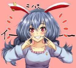Rule 34 | 1girl, amagi (amagi626), animal ears, blouse, blue hair, blush, crescent, crescent pin, earclip, grin, highres, index finger raised, long hair, long sleeves, looking at viewer, pink background, pointing, pointing at self, rabbit ears, red eyes, seiran (touhou), shirt, simple background, sketch, smile, solo, touhou, twintails, upper body
